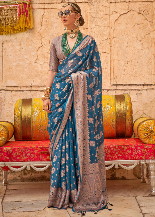 Blue Georgette Silk Saree