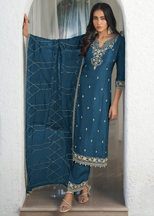Floral and Geometric Threadwork Kurta Set with Hanging Pearl Daman, Straight Pant, and Dupatta