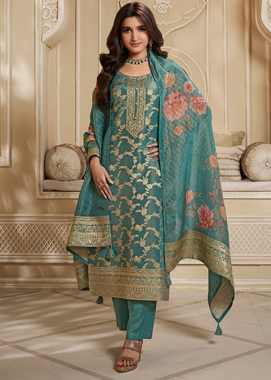 Teal Green Kurta Set in Tissue Jacquard with Jaal Pattern