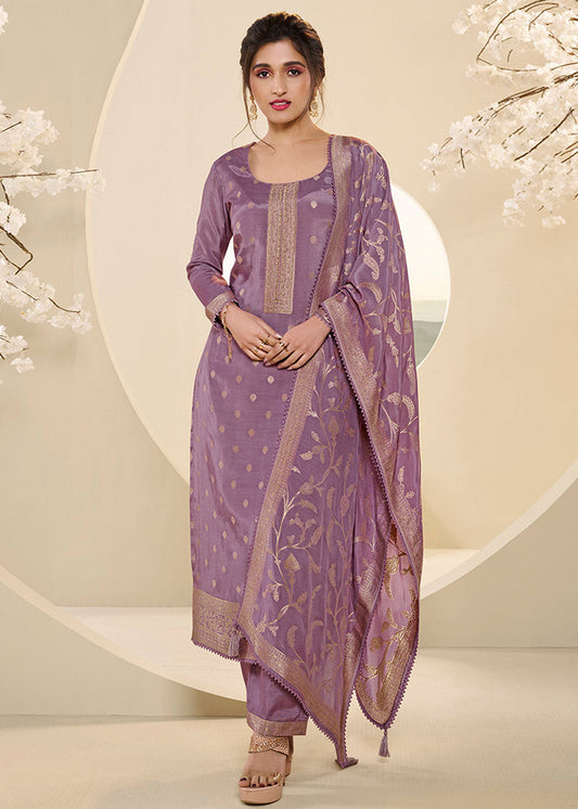 Wisteris Purple Muslin Jacquard Kurta Suit Set with Champagne Thread Weave and Pencil Sketch Weave Yoke
