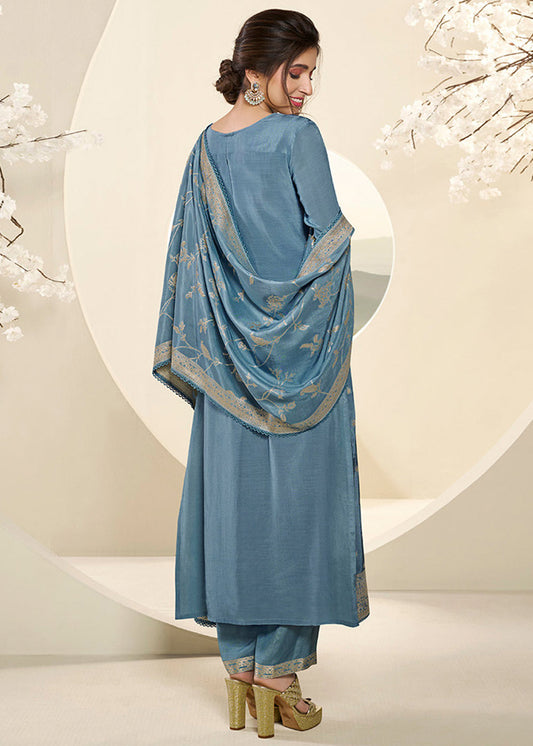 Sky Blue Muslin Jacquard Kurta Suit Set with Champagne Thread Weave and Pencil Sketch Weave Yoke