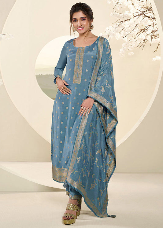 Sky Blue Muslin Jacquard Kurta Suit Set with Champagne Thread Weave and Pencil Sketch Weave Yoke