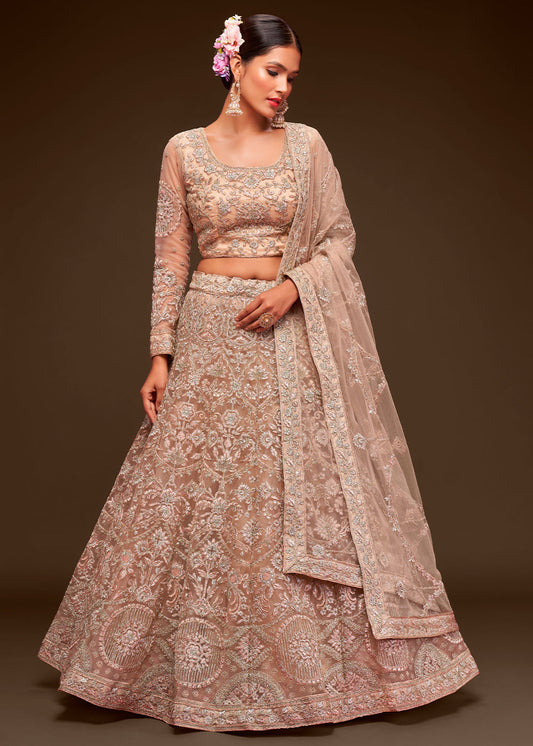 Beige Soft Net Lehenga with Thread, Zari, Badla and Glitter Dori Embroidery Work