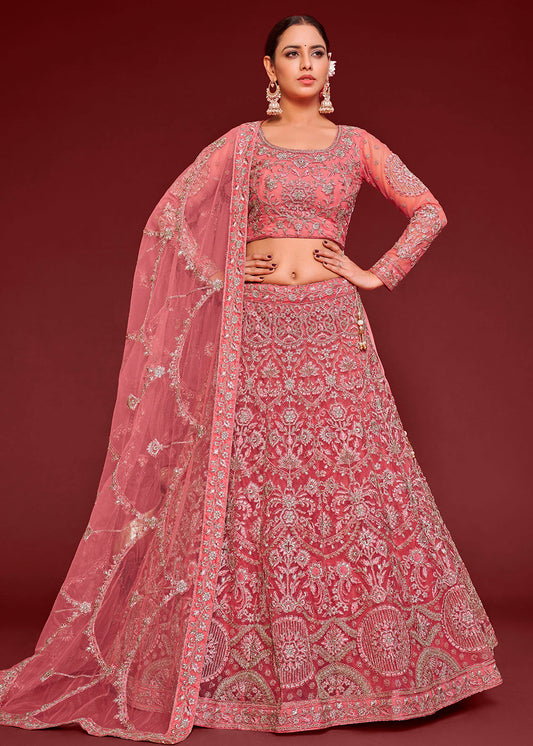 Pink Soft Net Lehenga with Thread, Zari, Badla and Glitter Dori Embroidery Work