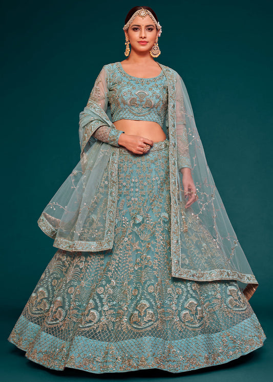 Blue Soft Net Lehenga with Thread, Zari, Badla and Glitter Dori Embroidery Work