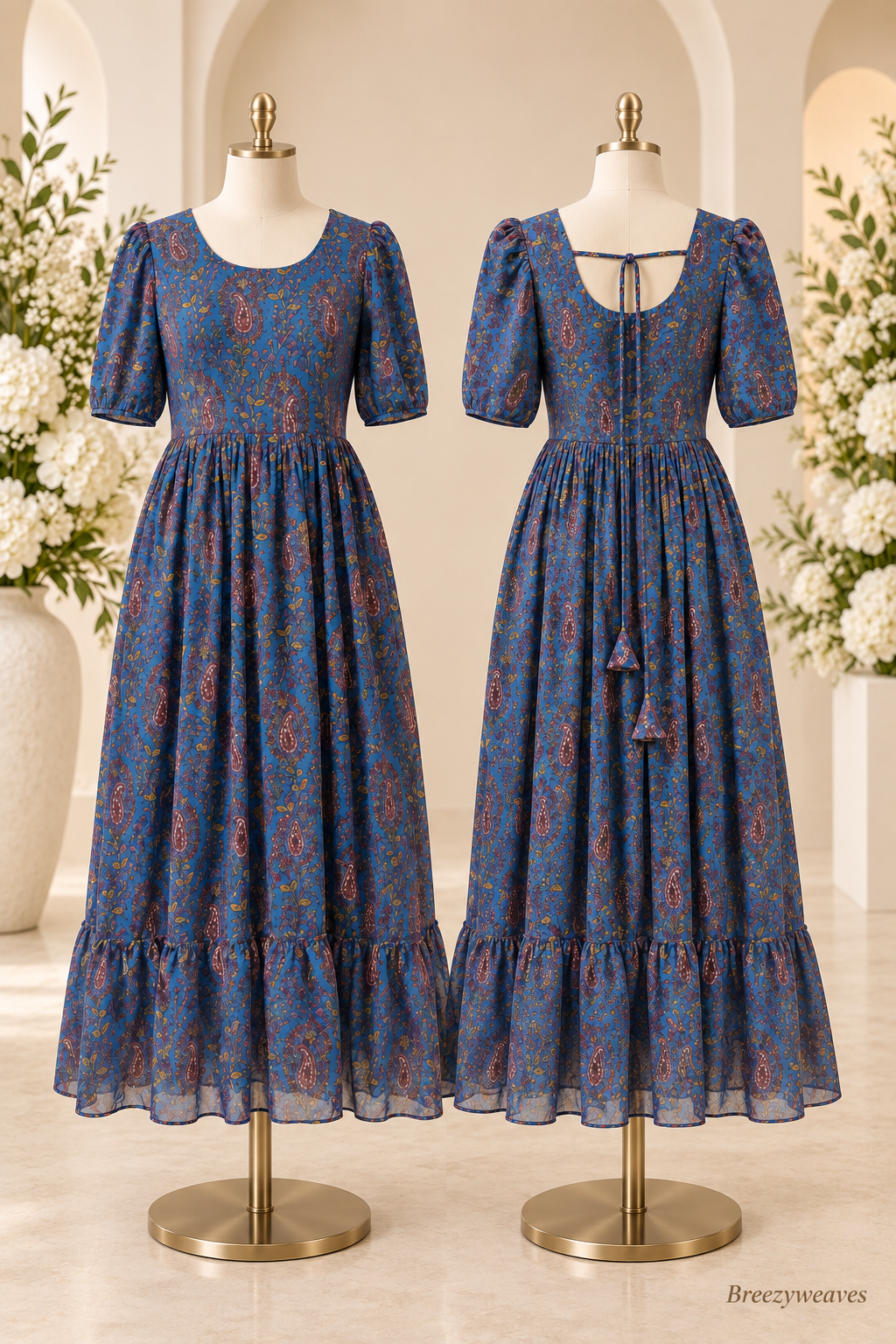 Breezyweaves Paisley Print Dress Blue Georgette Women