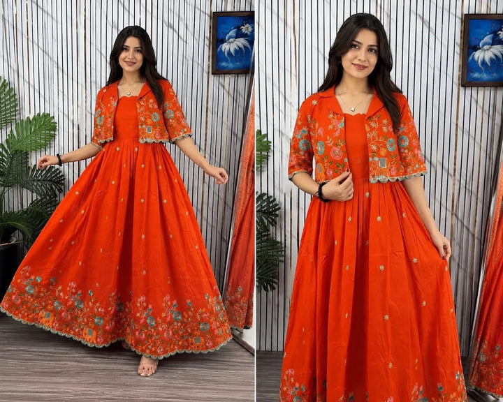 Breezyweaves orange Anarkali maxi dress with floral embroidery and cropped jacket. Lightweight fabric, floor-length skirt.